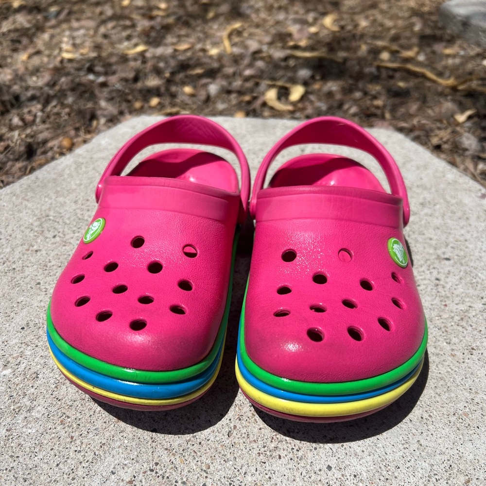 Classic Crocs Pink US C13 Little Girls Kids Pink Clogs with Rainbow Soles used